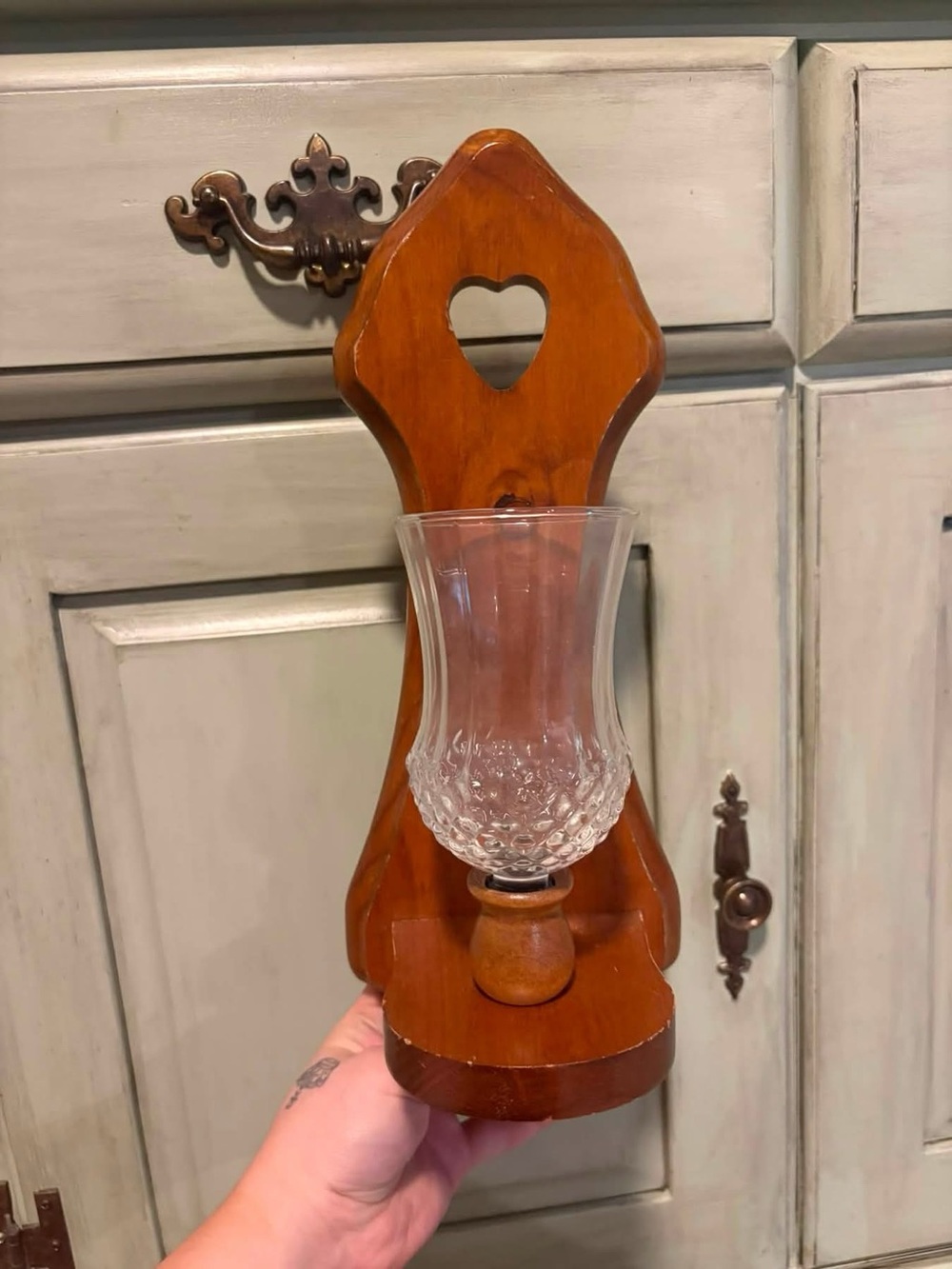 Vintage Wood Wall Sconce with Heart Cutout and Pressed Glass Shade
